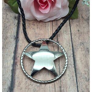 Western Texas Star Brooch Pin Pendant on a Black Faux Cord Collar Necklace 18"